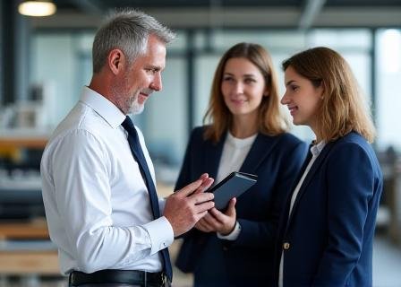 A focused textile factory manager consulting with a boardroom team