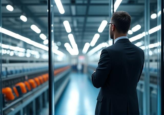 Consultant overlooking a modern textile manufacturing floor